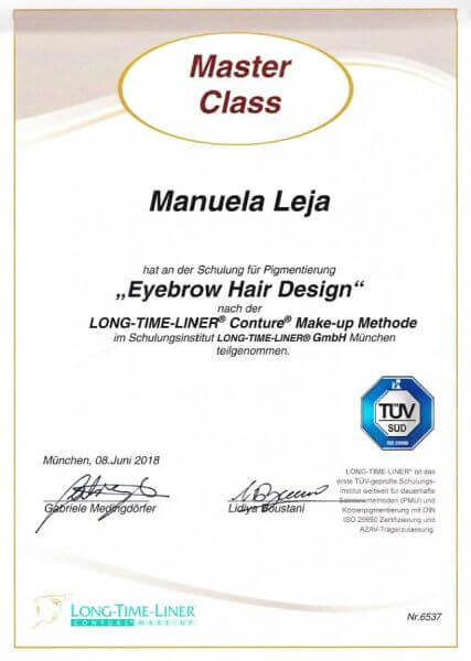LAJOLI Permanent Make Up MasterClass Zertifikat bei Long-Time-Liner - Augenbrauen / Eyebrow Hair Design - Manuela Leja 2018